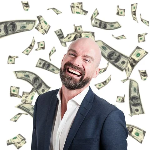 Man smiling and money falls
